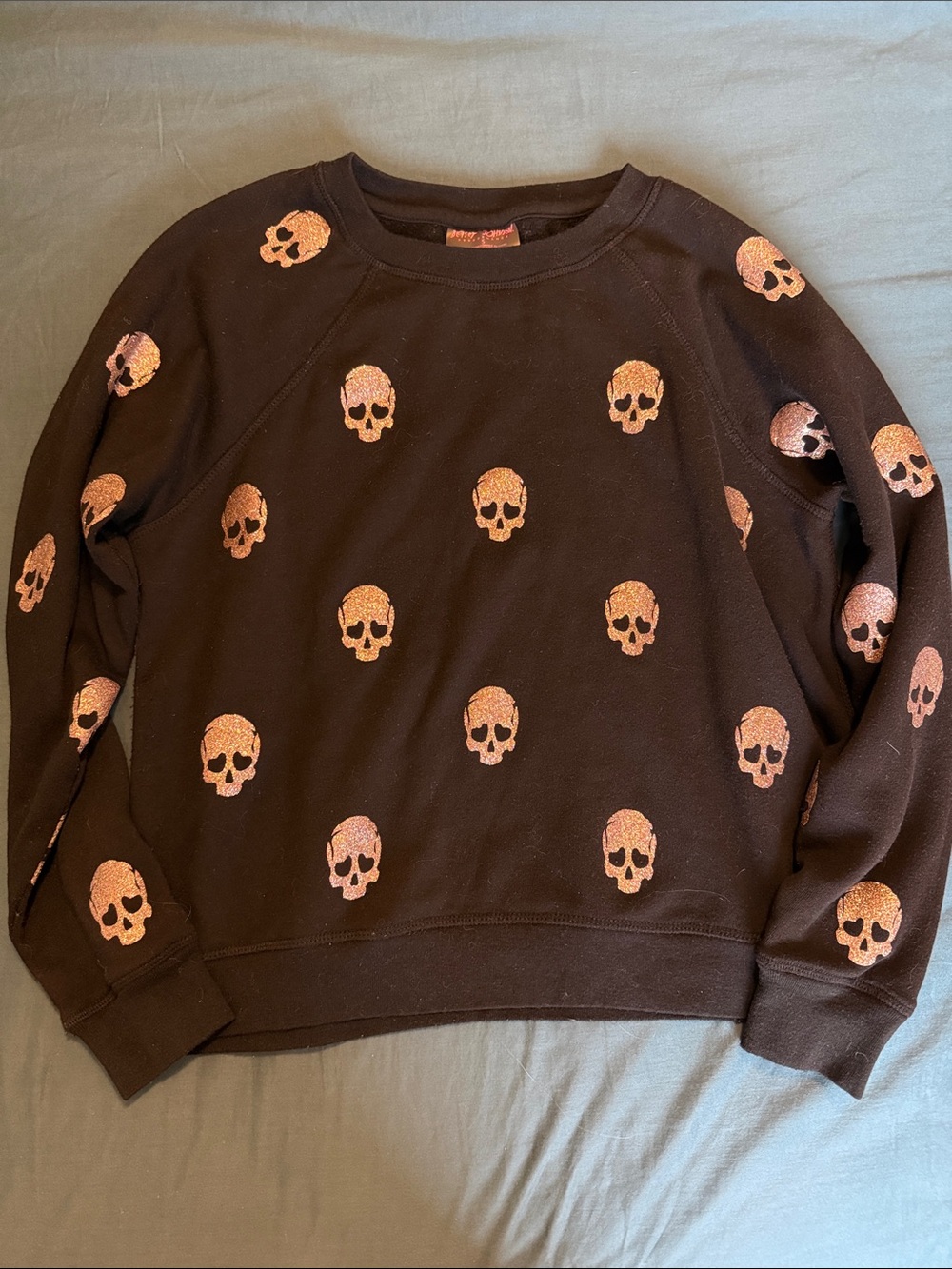 Betsey Johnson Black Crewneck Sweatshirt with Glittery Skull Print